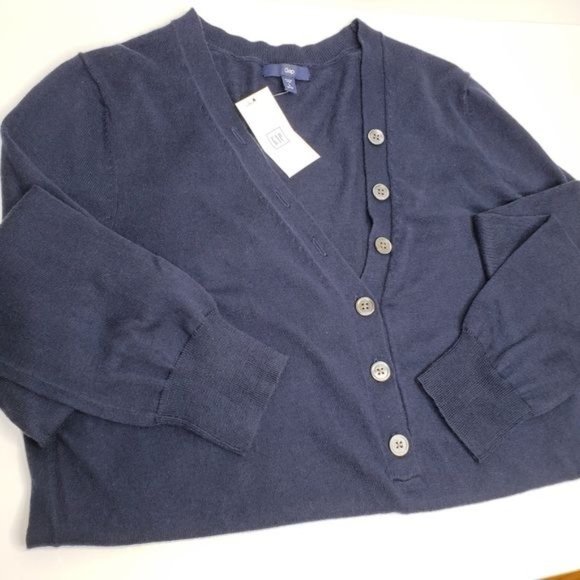 GAP Navy V-Neck Button Front Silk Blend Pullover Sweater - Picture 4 of 7